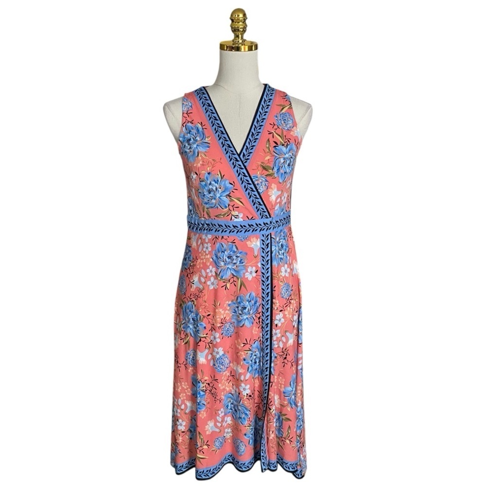 London Style Collection Pink Blue Floral Sleeveless V-neck Faux Wrap Dress Sz 4